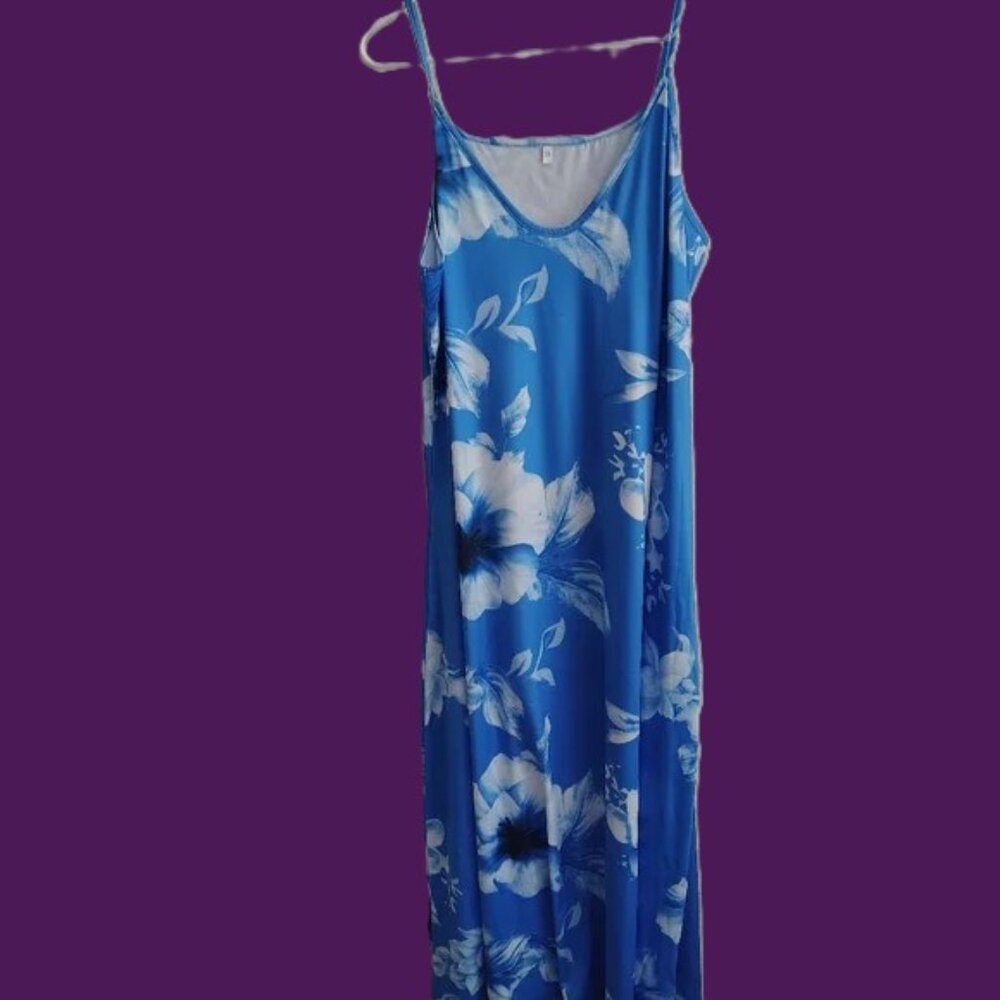 Blue with white floral sophisticated dress.  Summer, Maxi, Hawaii, Vacation, fun